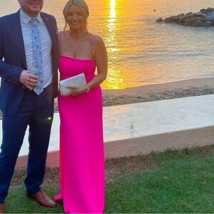 Revolve hot pink wedding guest dress with slit